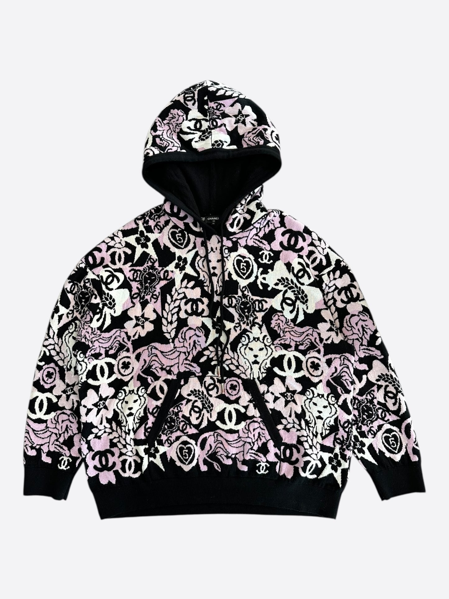Chanel Black Pink & White All-Over Print Cashmere Hoodie