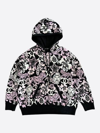 Chanel Black Pink & White All-Over Print Cashmere Hoodie
