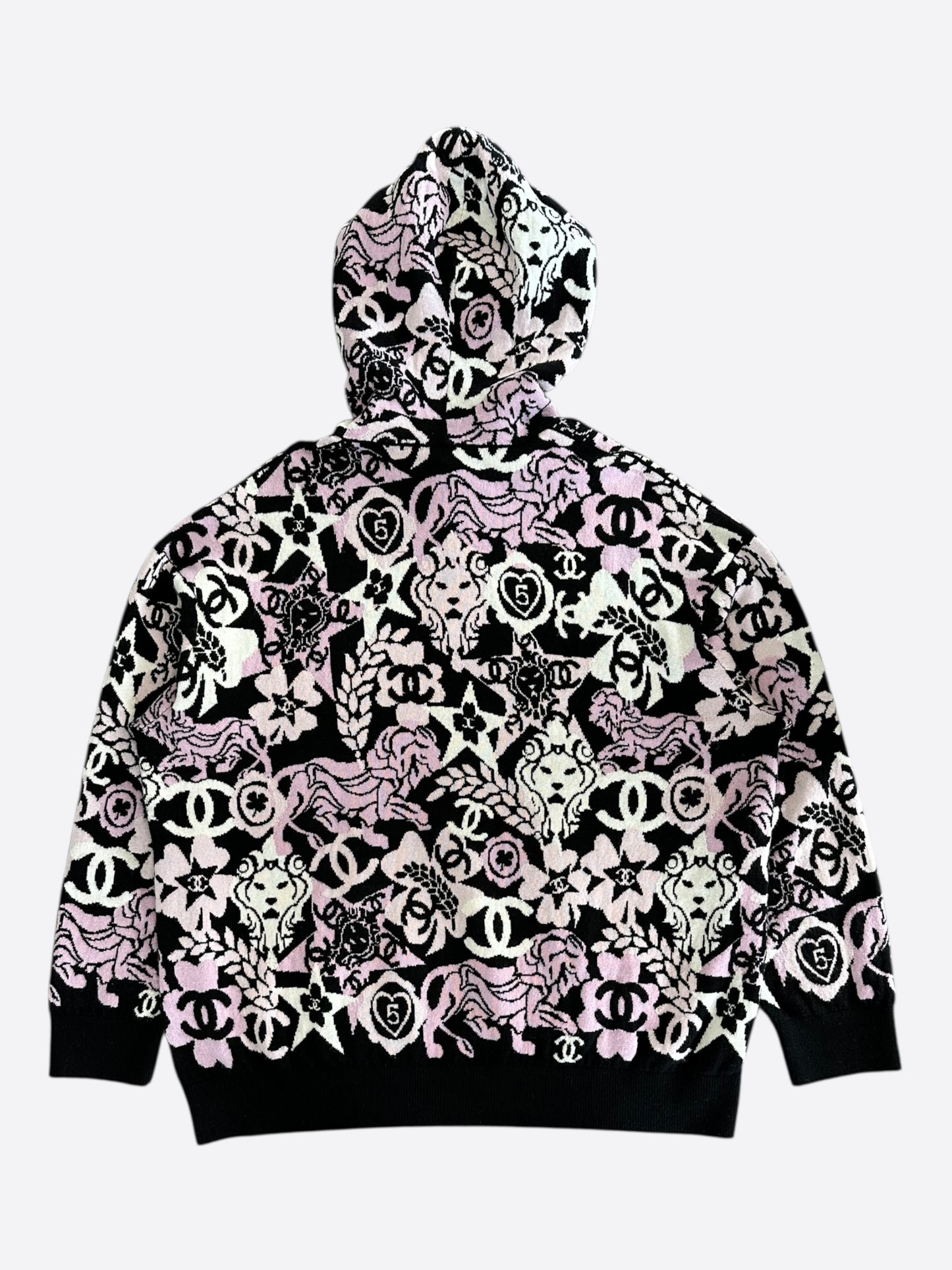 Chanel Black Pink & White All-Over Print Cashmere Hoodie