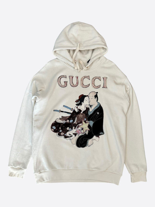 Gucci Cream Geisha Lovers Pearl Embellished Hoodie