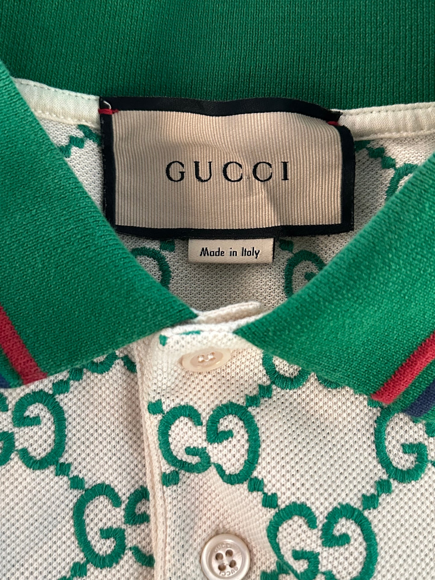 Gucci White & Green GG Monogram Polo T-Shirt