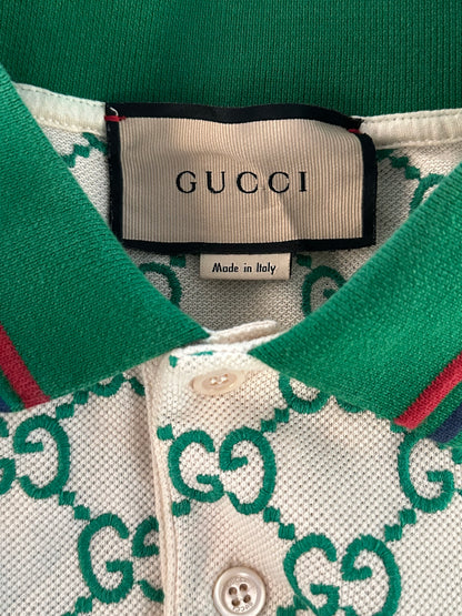 Gucci White & Green GG Monogram Polo T-Shirt