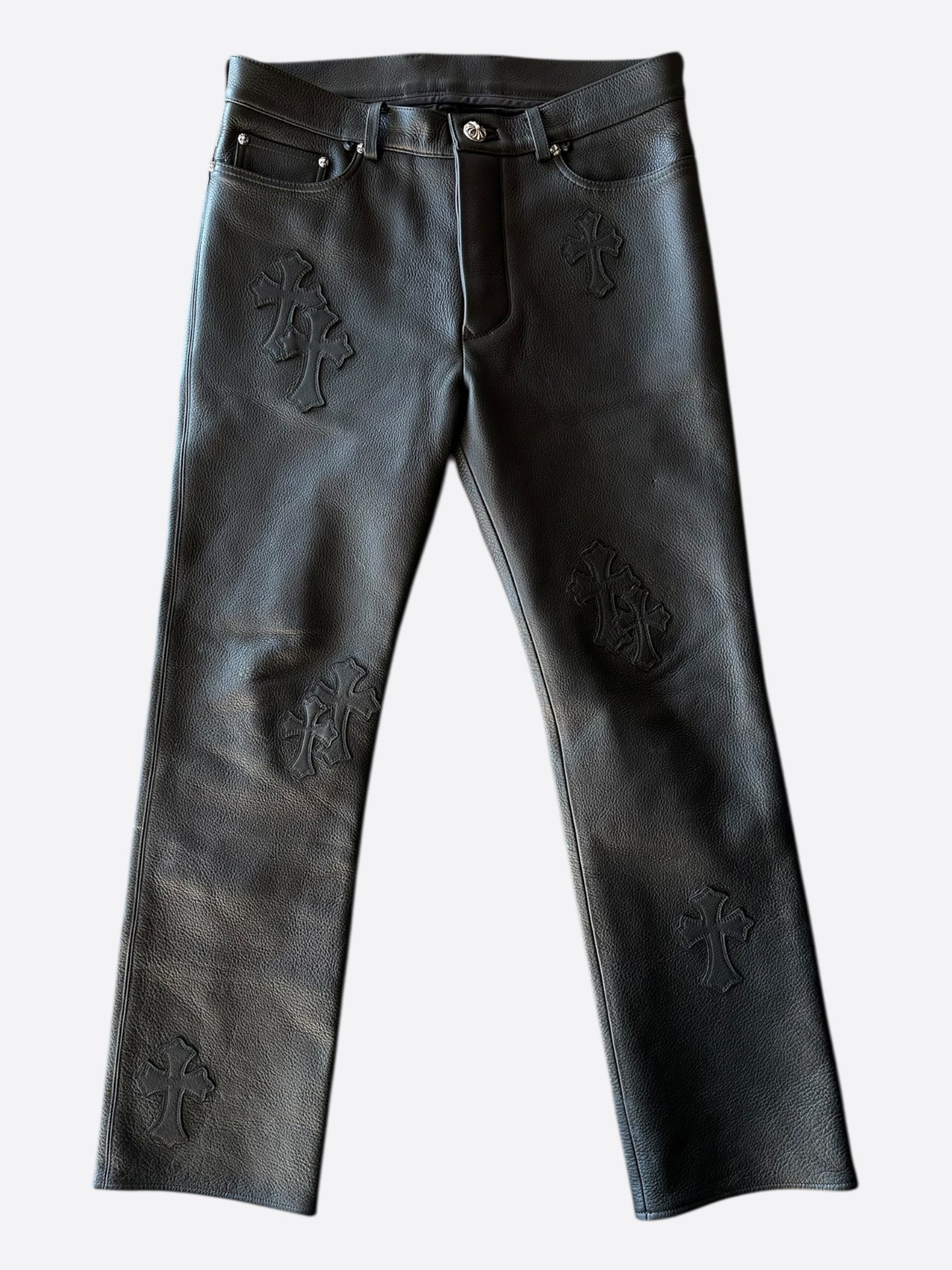 Chrome Hearts Black Leather Cross Patch Pants