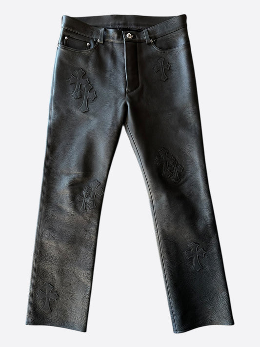 Chrome Hearts Black Leather Cross Patch Pants