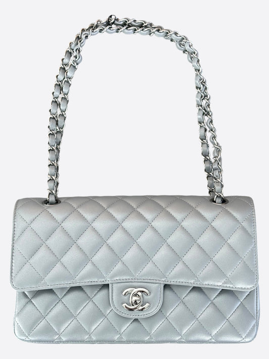 Chanel Silver Quilted Medium Flap Bag