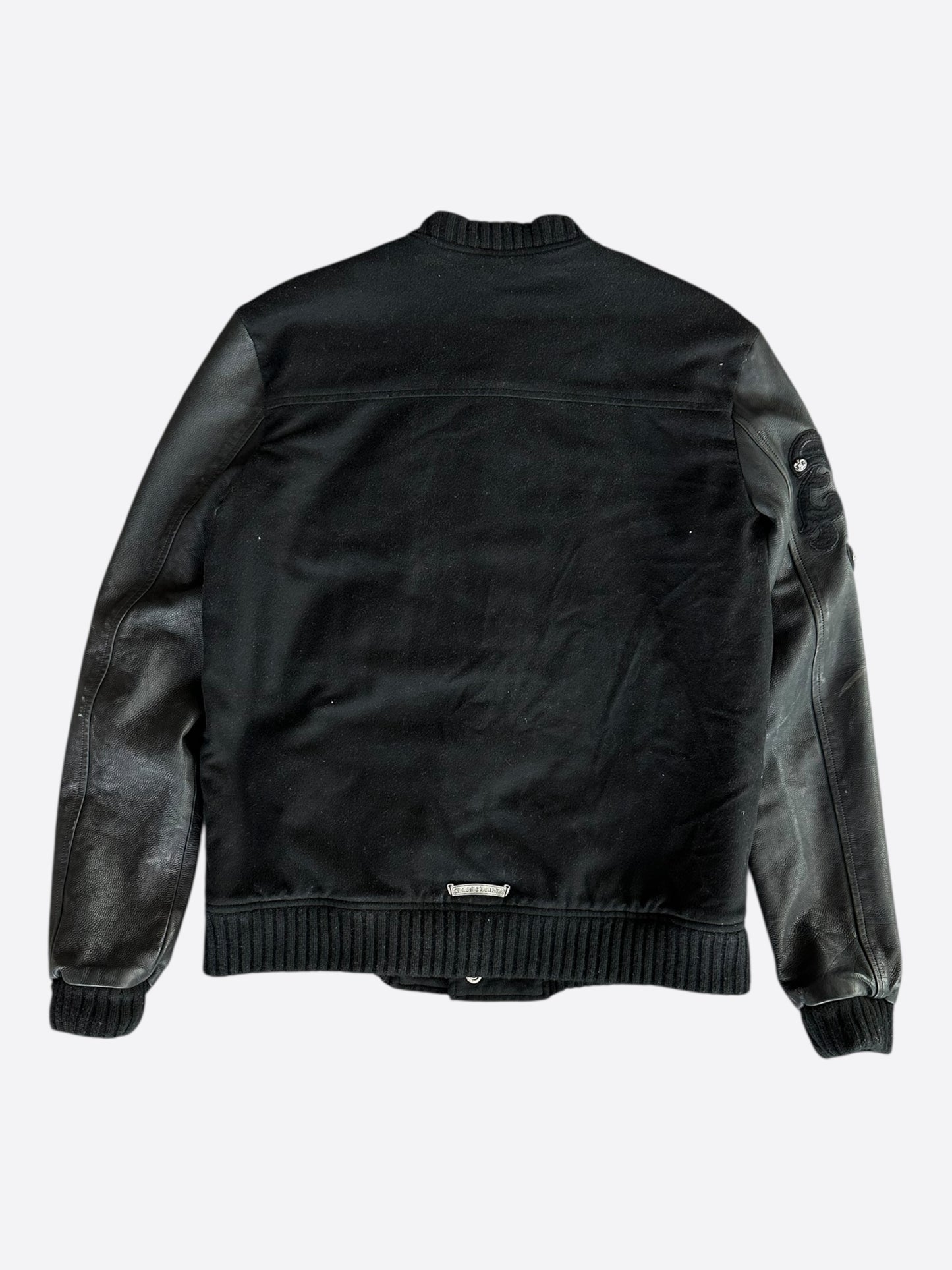 Chrome Hearts Black Leather Cross Patch Varsity Jacket
