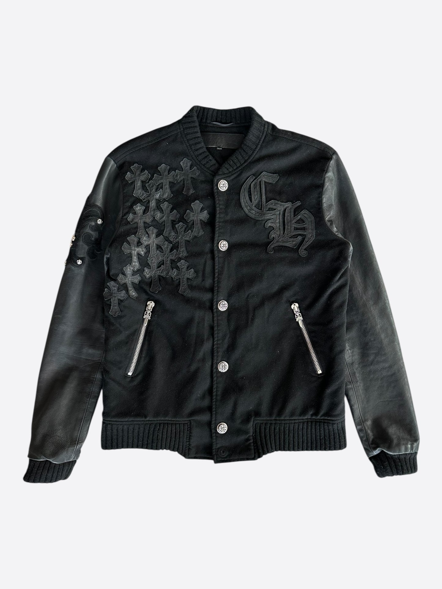 Chrome Hearts Black Leather Cross Patch Varsity Jacket