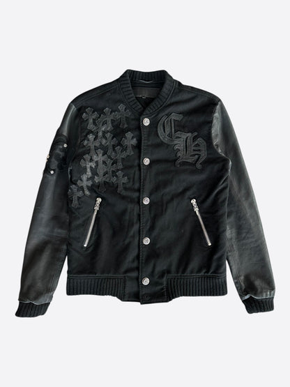 Chrome Hearts Black Leather Cross Patch Varsity Jacket