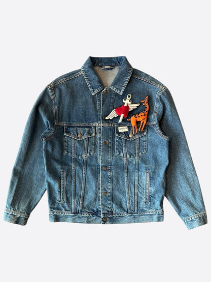 Gucci Blue & Multicolor Embroidered Patches Denim Jacket