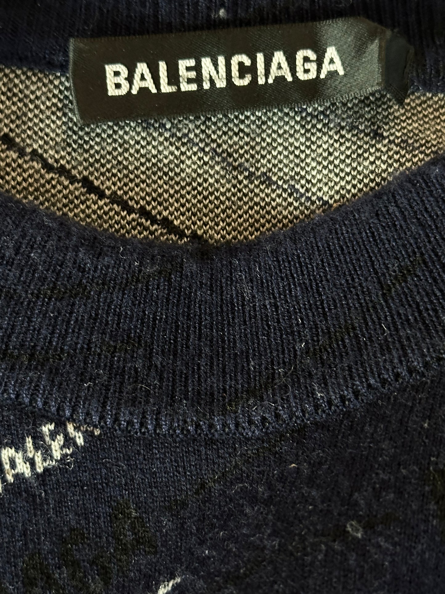 Balenciaga Navy Black & White All Over Logo Knit Sweater