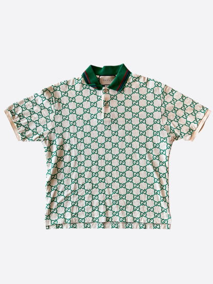Gucci White & Green GG Monogram Polo T-Shirt