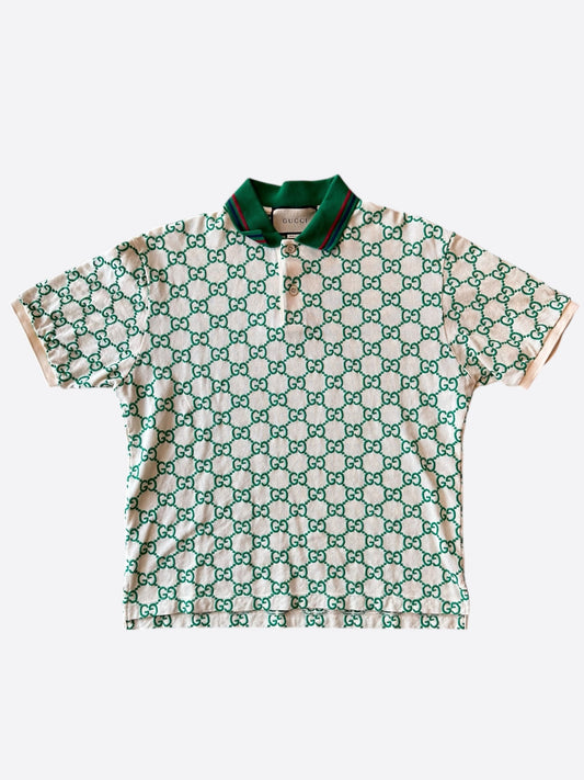 Gucci White & Green GG Monogram Polo T-Shirt