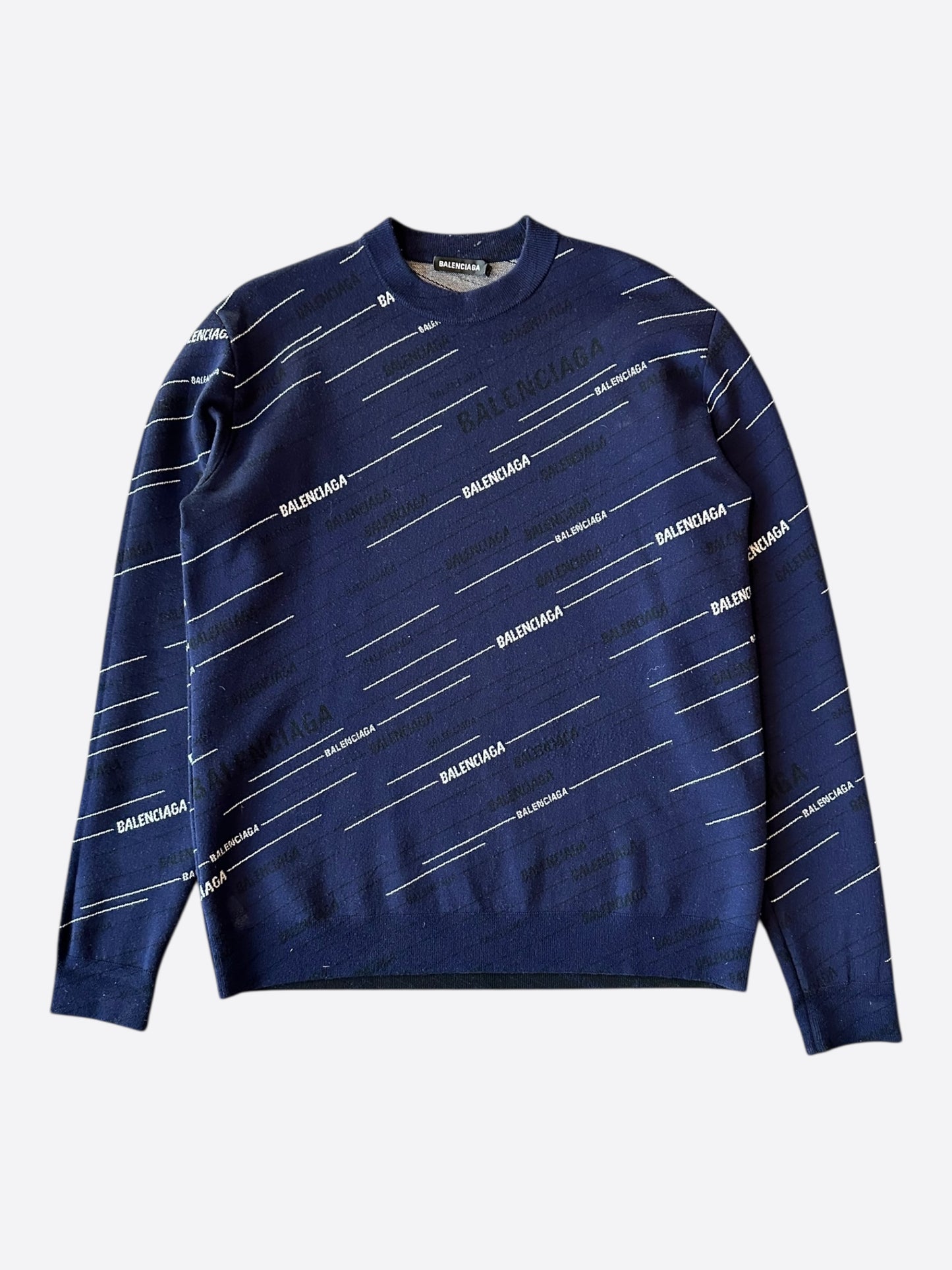 Balenciaga Navy Black & White All Over Logo Knit Sweater