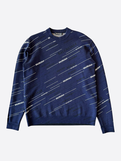 Balenciaga Navy Black & White All Over Logo Knit Sweater