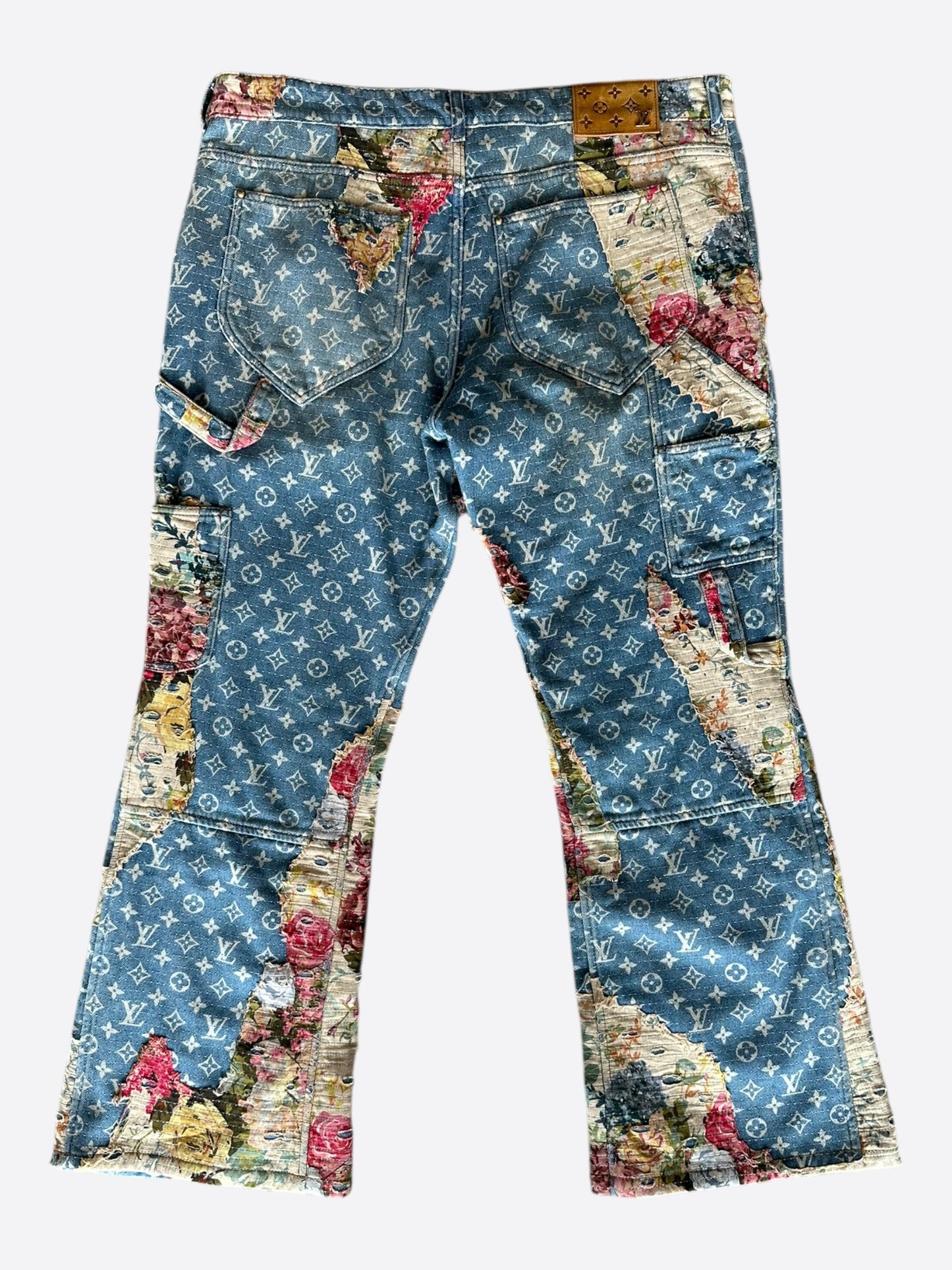 Louis Vuitton Blue Distressed Floral Monogram Flared Carpenter Jeans