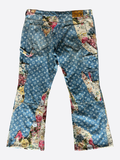 Louis Vuitton Blue Distressed Floral Monogram Flared Carpenter Jeans