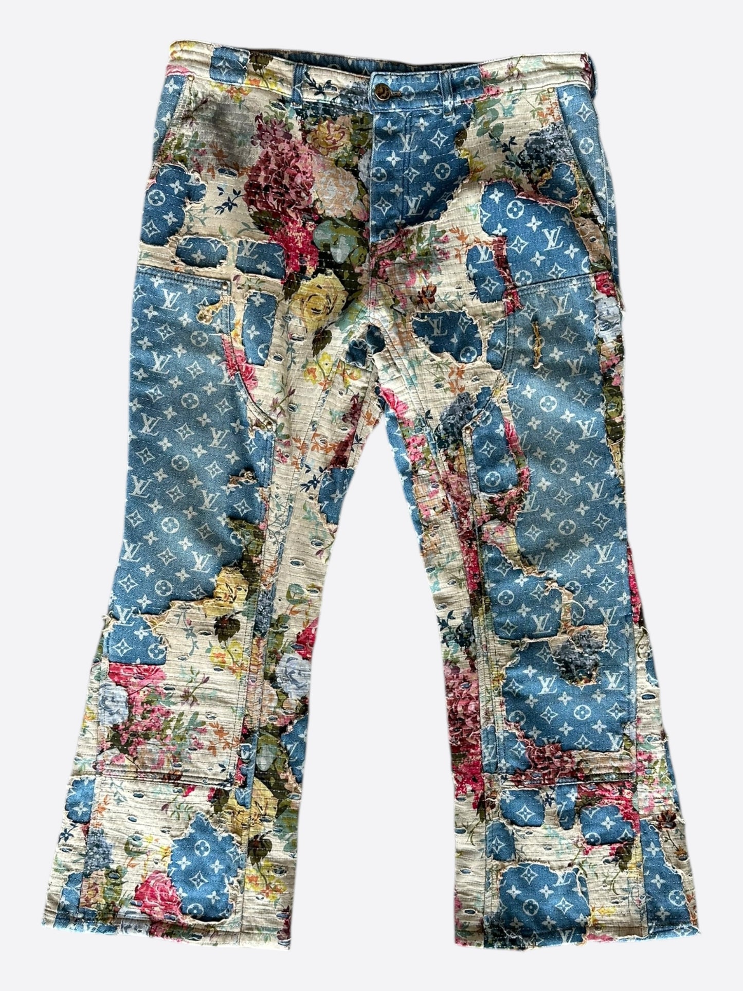 Louis Vuitton Blue Distressed Floral Monogram Flared Carpenter Jeans
