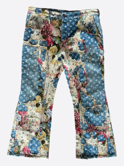 Louis Vuitton Blue Distressed Floral Monogram Flared Carpenter Jeans