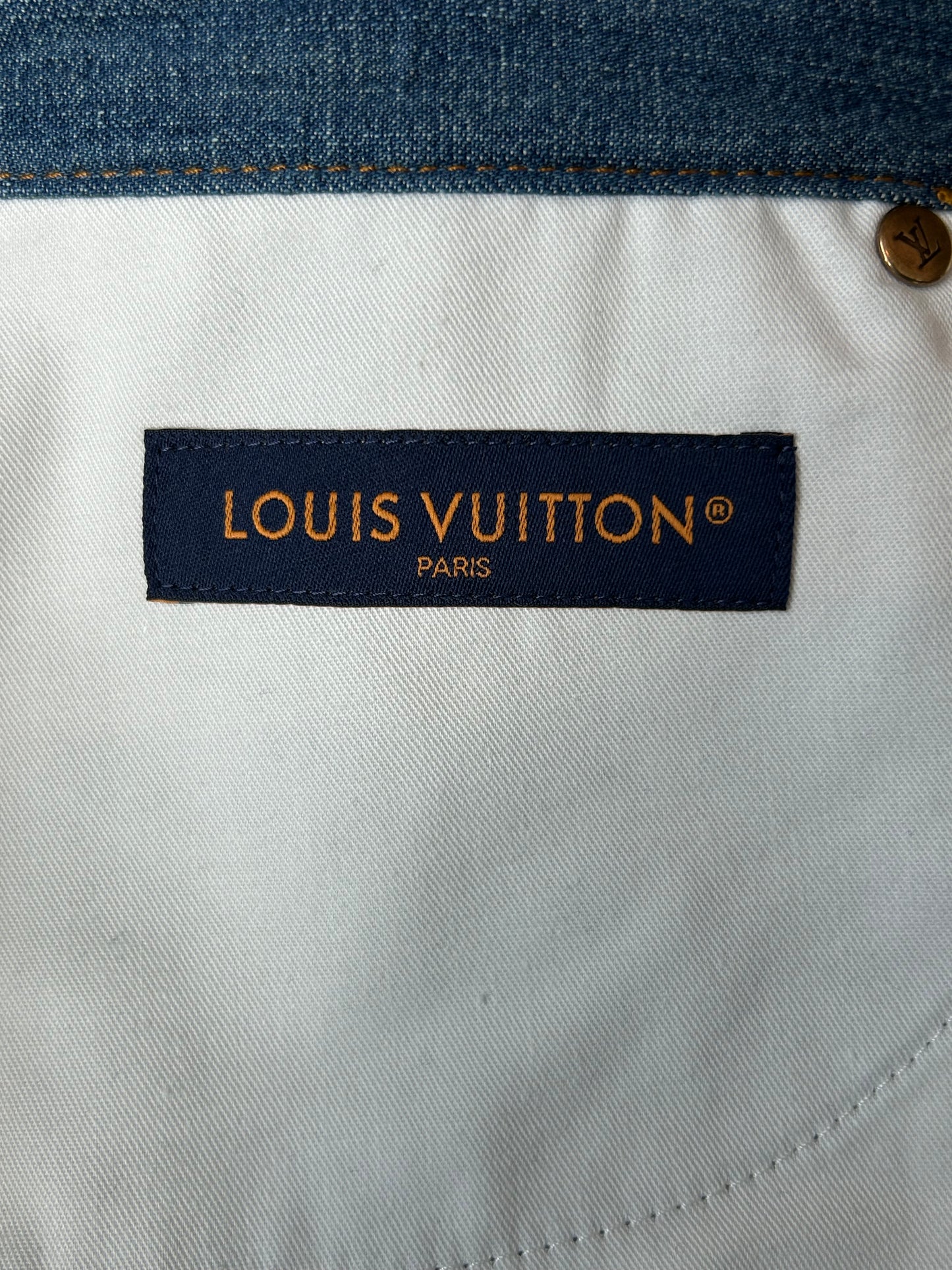 Louis Vuitton Blue & Gold Embroidered Logo Denim Shorts