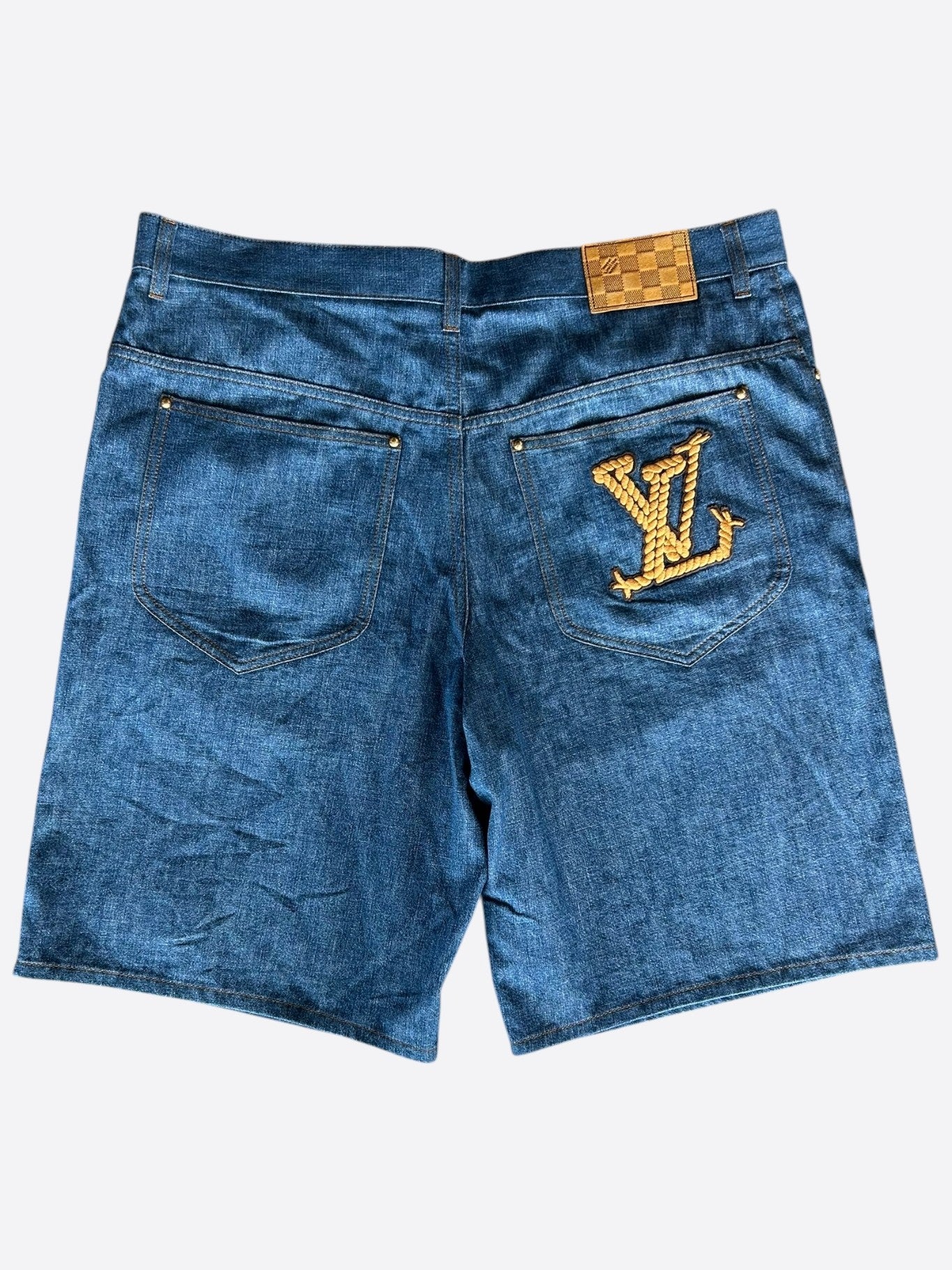 Louis Vuitton Blue & Gold Embroidered Logo Denim Shorts