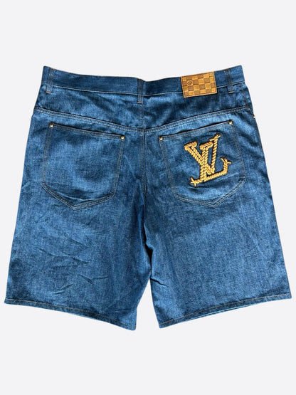 Louis Vuitton Blue & Gold Embroidered Logo Denim Shorts