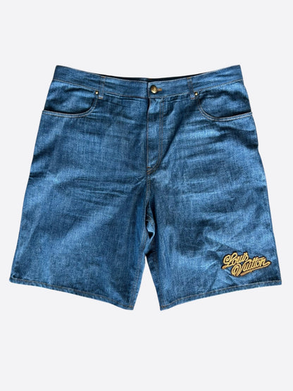 Louis Vuitton Blue & Gold Embroidered Logo Denim Shorts