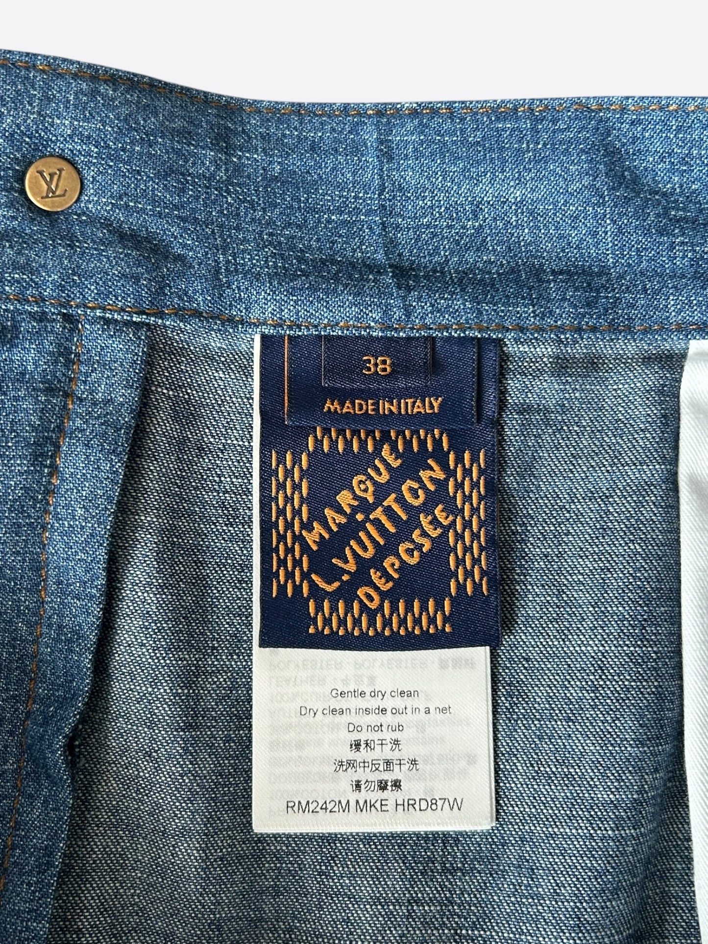 Louis Vuitton Blue & Gold Embroidered Logo Denim Shorts