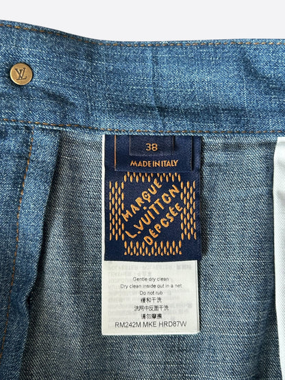 Louis Vuitton Blue & Gold Embroidered Logo Denim Shorts