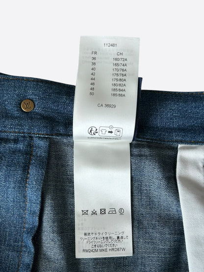 Louis Vuitton Blue & Gold Embroidered Logo Denim Shorts