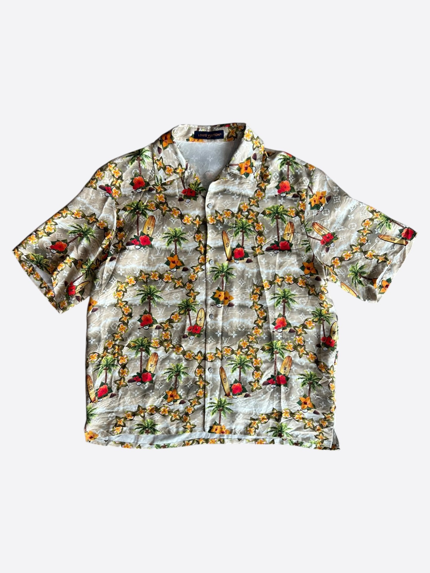 Louis Vuitton Beige Beach Monogram Silk Button Up Shirt