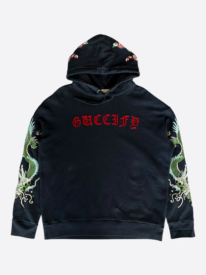 Gucci Black Dragon Embroidered Logo Hoodie