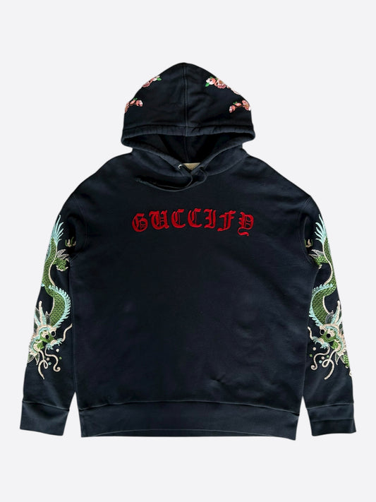 Gucci Black Dragon Embroidered Logo Hoodie