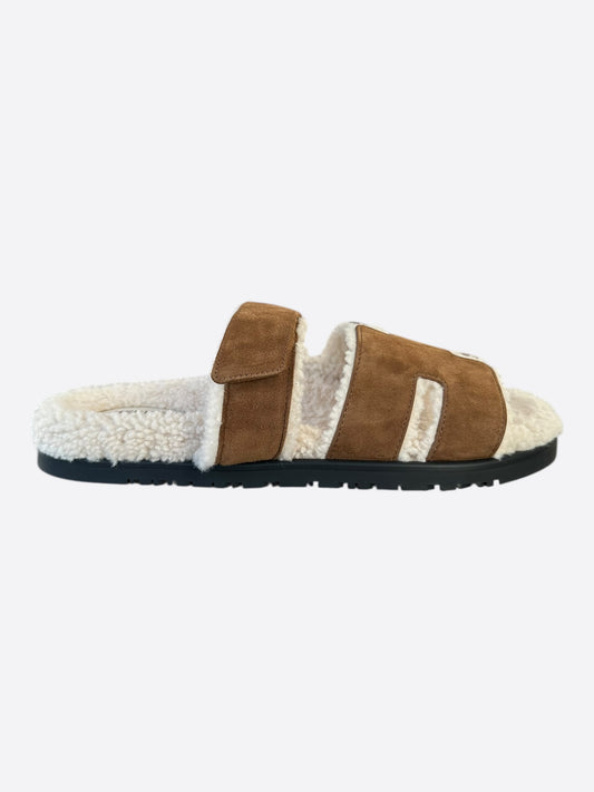Hermes Brown Suede Chypre Shearling Sandals