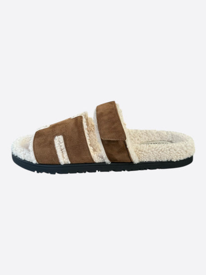 Hermes Brown Suede Chypre Shearling Sandals
