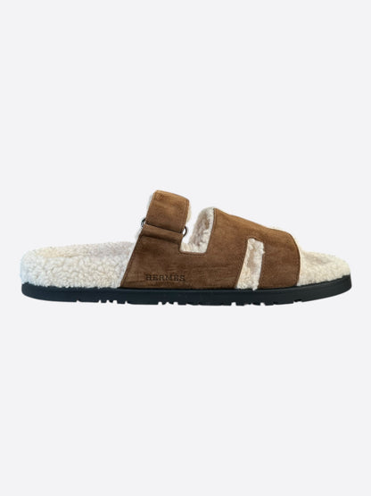 Hermes Brown Suede Chypre Shearling Sandals