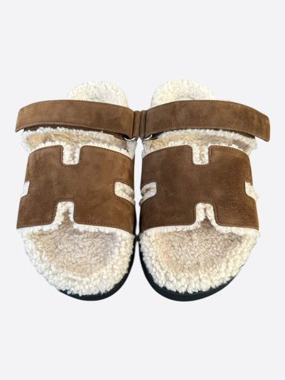 Hermes Brown Suede Chypre Shearling Sandals