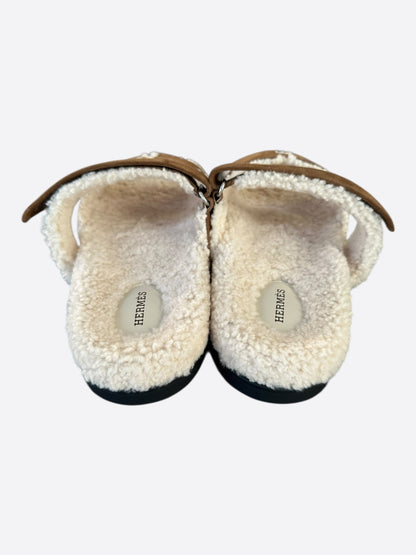 Hermes Brown Suede Chypre Shearling Sandals