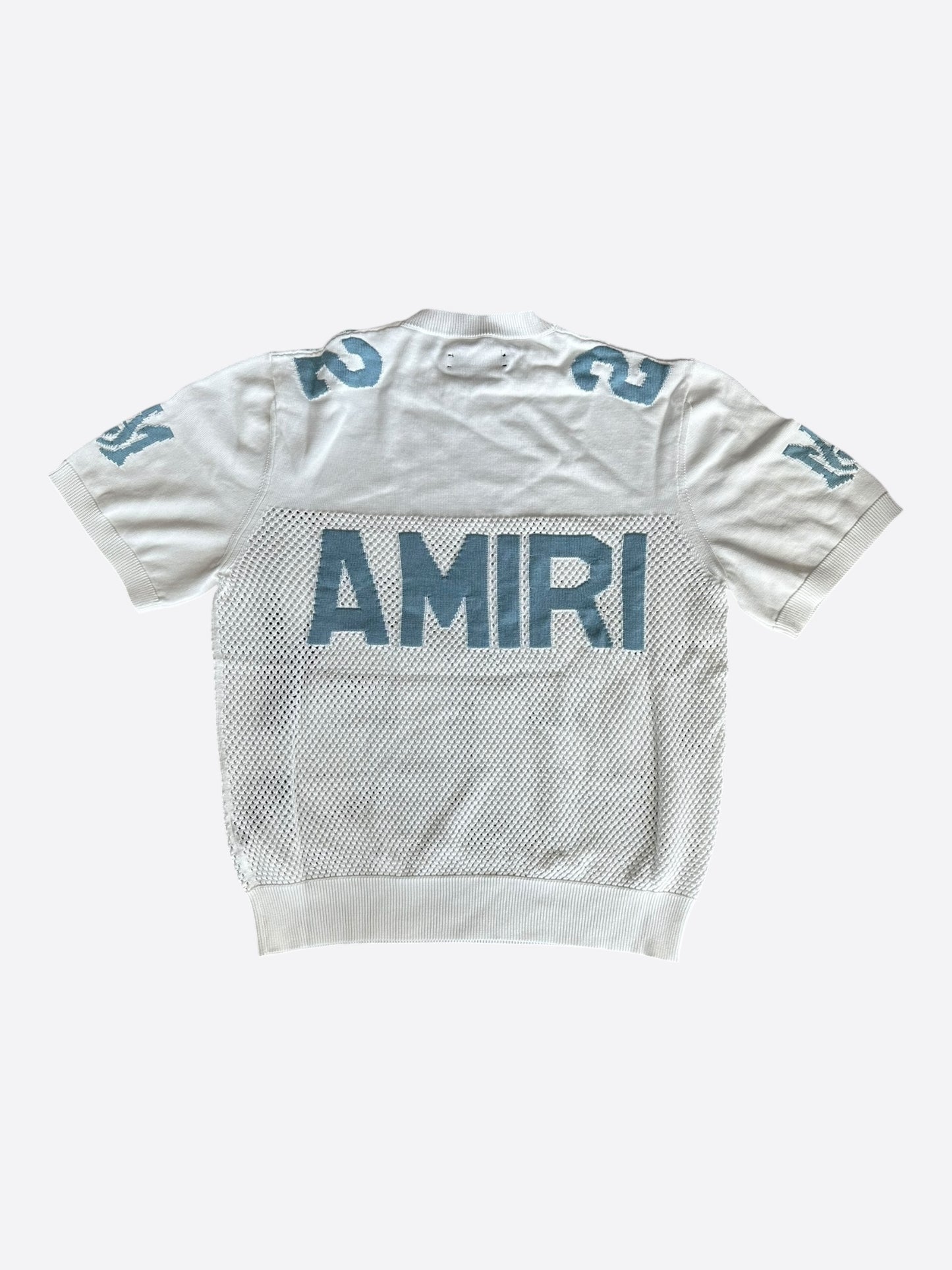 Amiri White & Blue 22 Logo Knitted Mesh T-Shirt