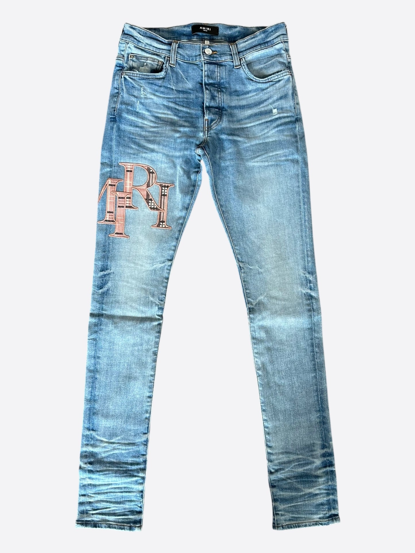Amiri Perfect Indigo Plaid Staggered Logo Jeans