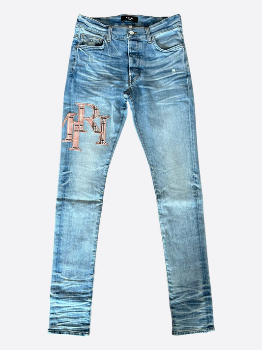Amiri Perfect Indigo Plaid Staggered Logo Jeans