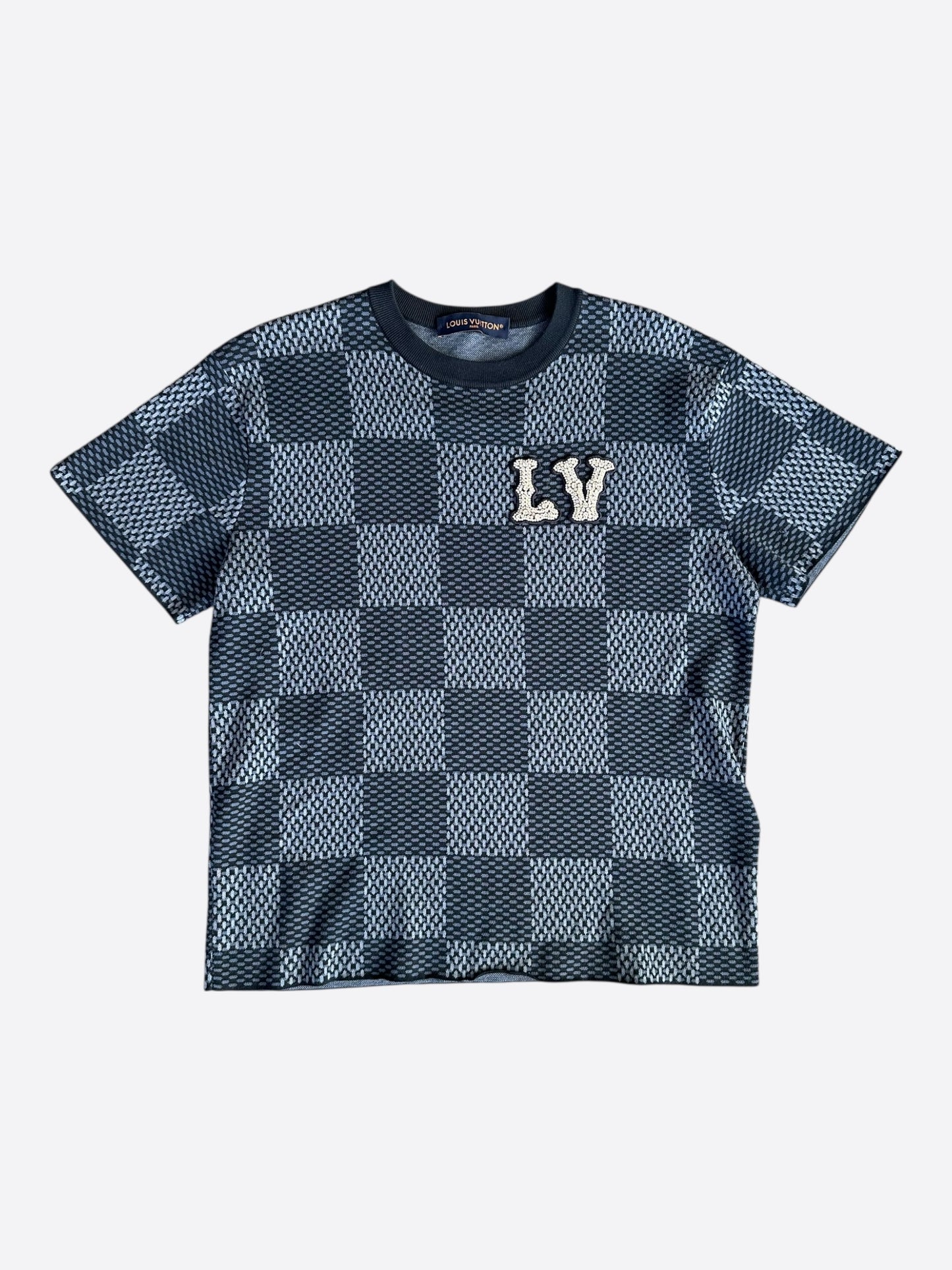 Louis Vuitton Grey & White Damier LV Crystal Embellished T-Shirt
