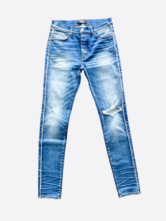 Amiri Blue Distressed Crystal track Denim