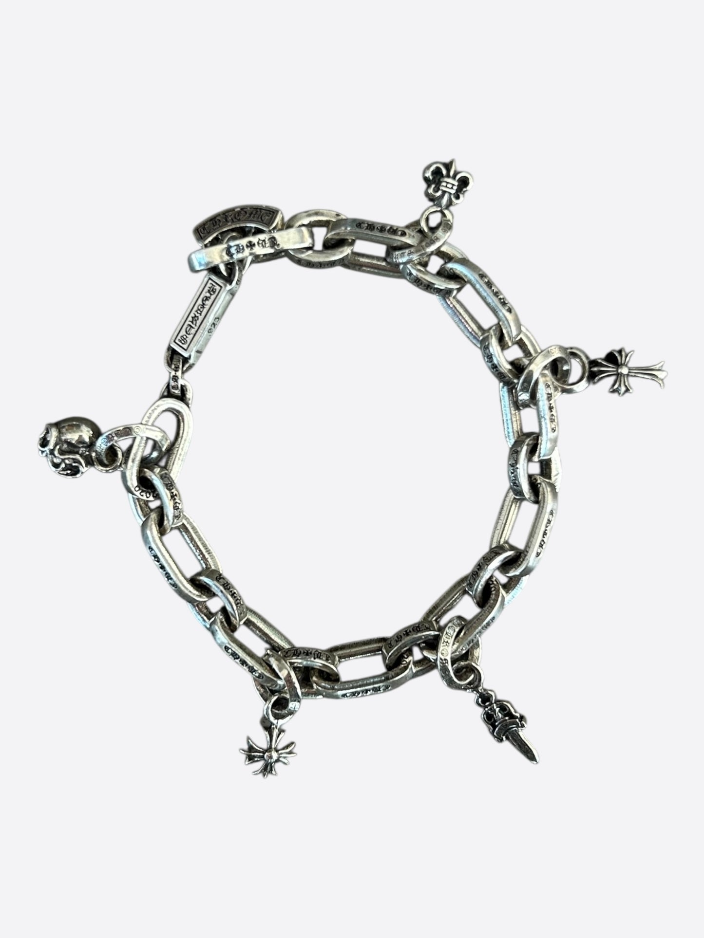 Chrome Hearts Silver Paper E Chain Multi Charm Bracelet