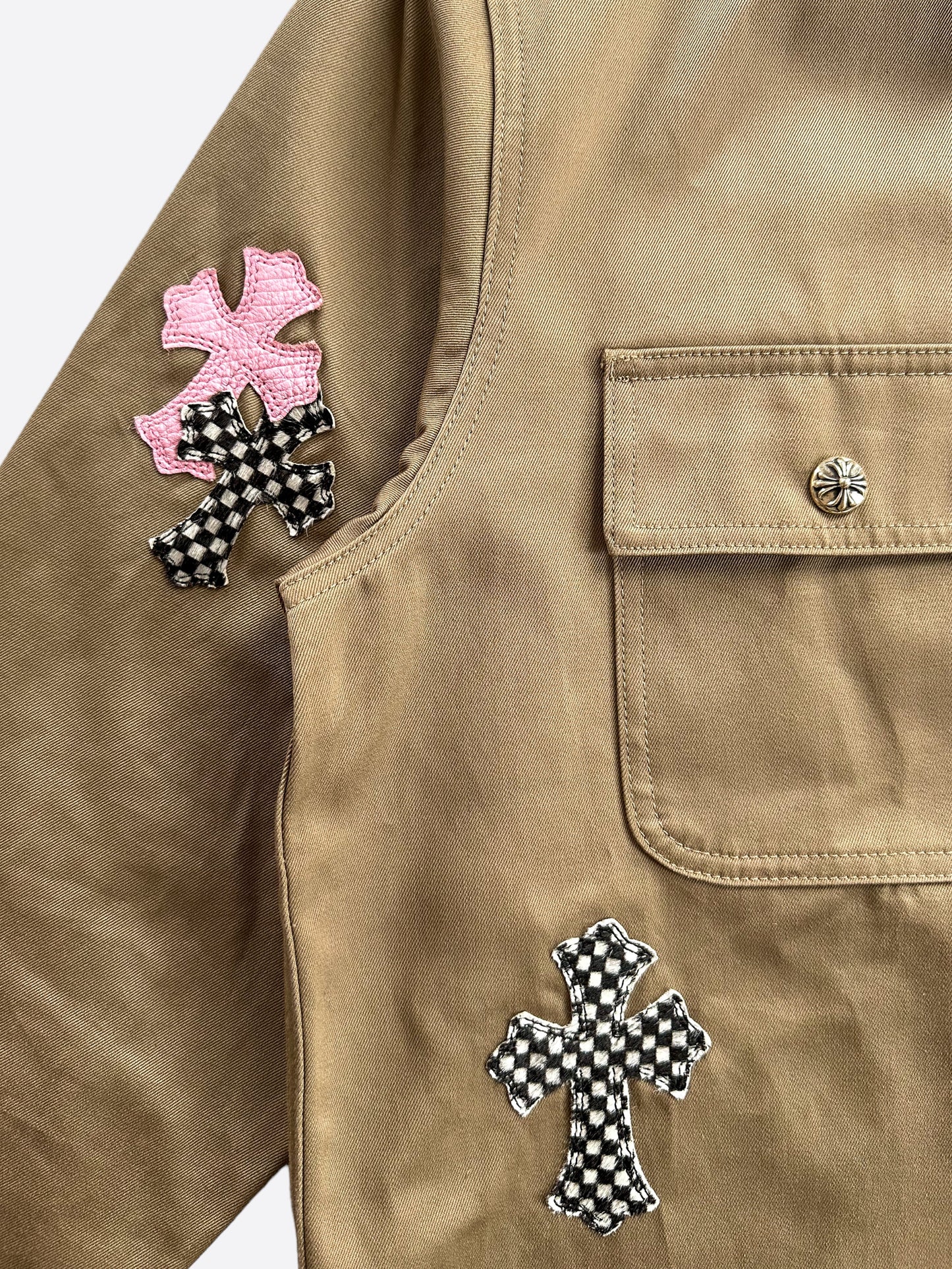 Chrome Hearts Tan Pink & Checkered Cross Patch Work Dog Jacket