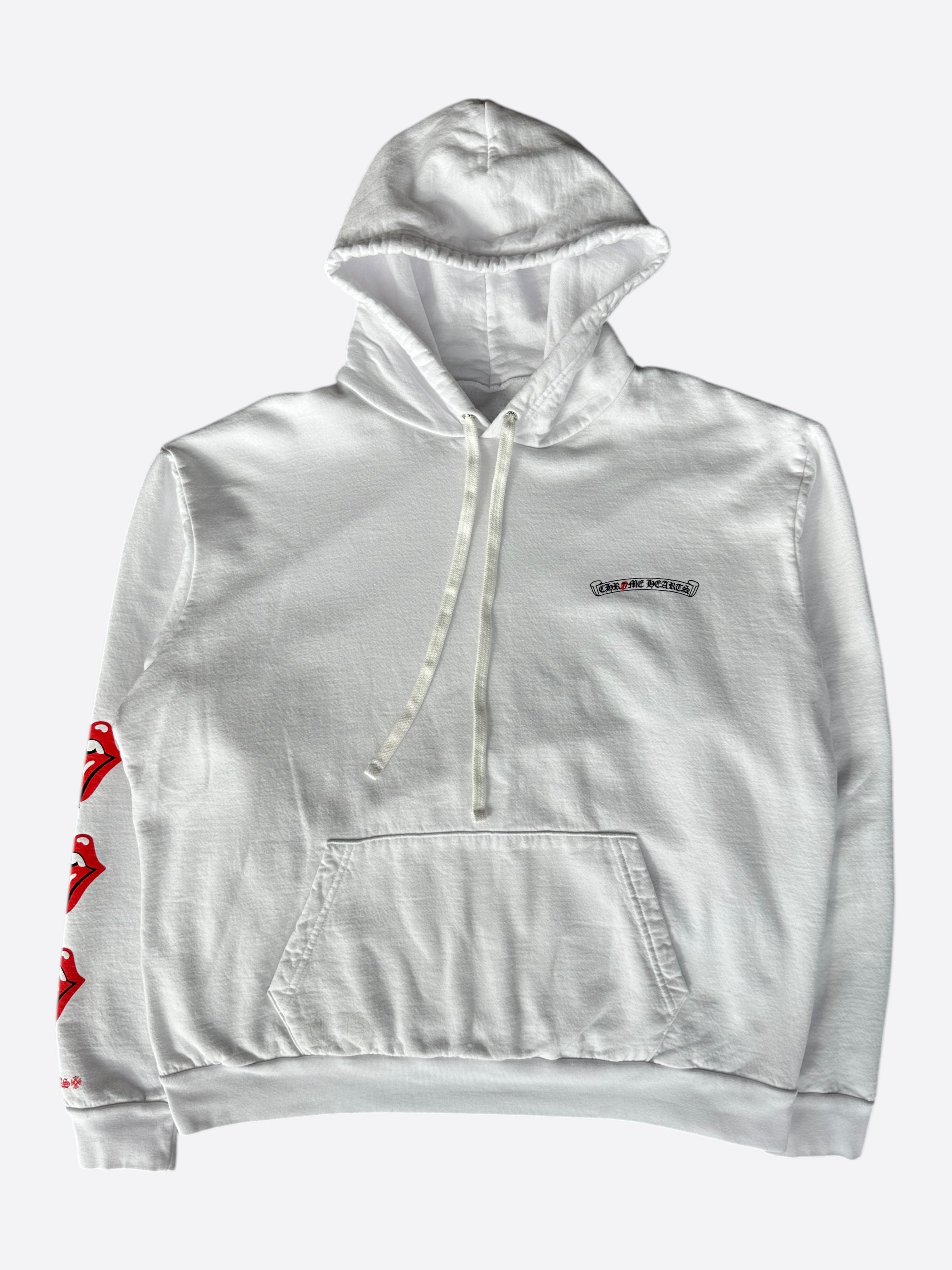 Chrome Hearts White & Red Rolling Stones Scroll Logo Hoodie