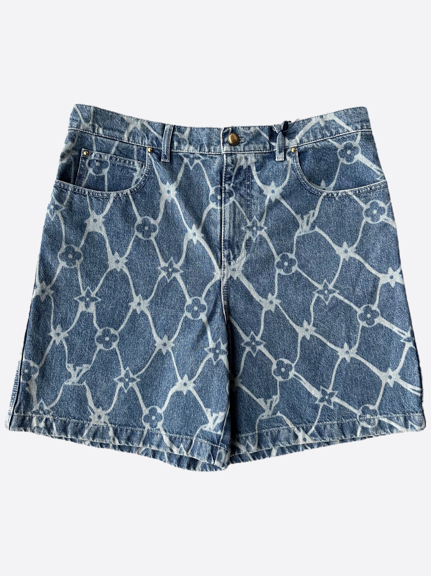 Louis Vuitton Blue & White Fishnet Monogram Denim Shorts