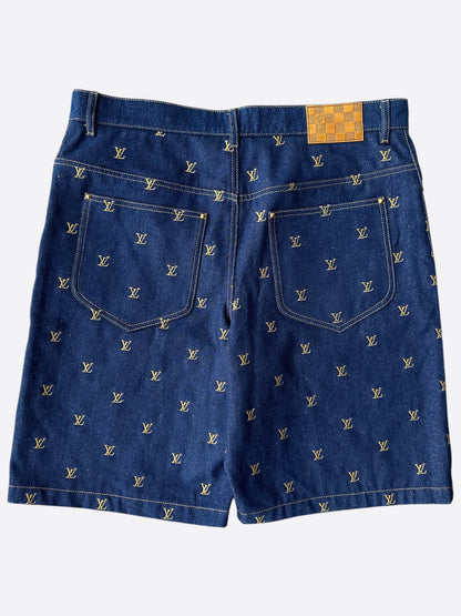 Louis Vuitton Blue & Gold Embroidered Monogram Denim Shorts