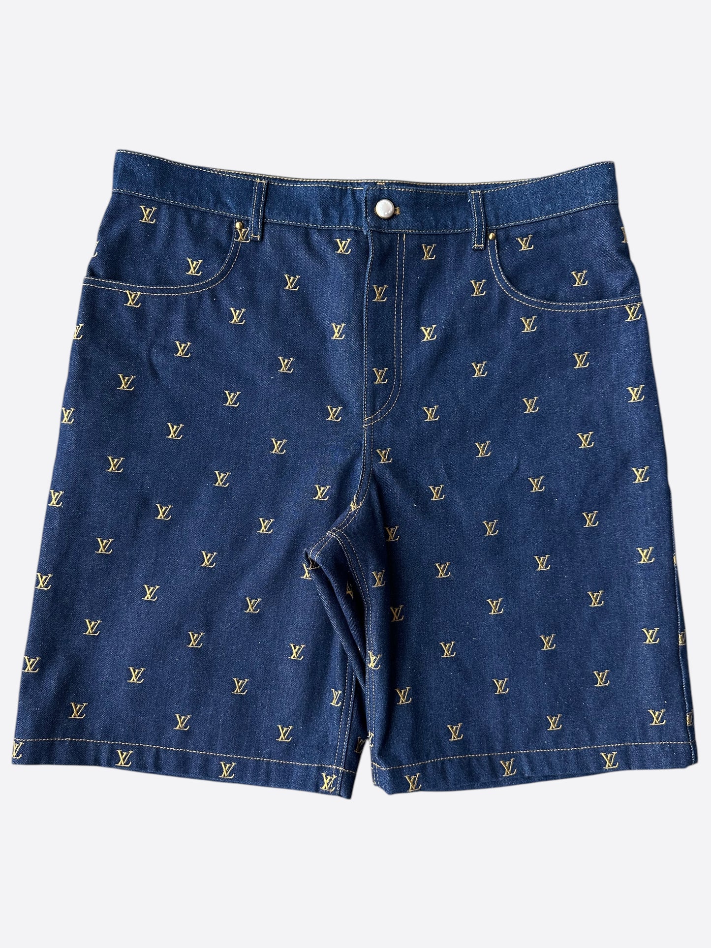 Louis Vuitton Blue & Gold Embroidered Monogram Denim Shorts