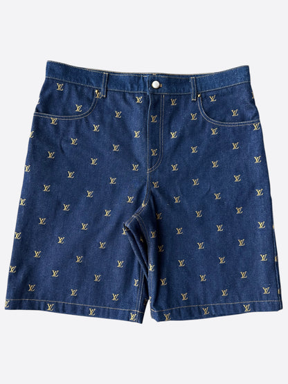 Louis Vuitton Blue & Gold Embroidered Monogram Denim Shorts