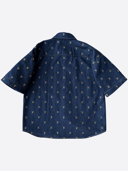 Louis Vuitton Blue & Gold Embroidered Monogram Denim Button Up Shirt